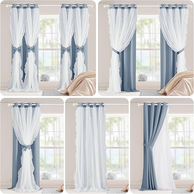 PONY DANCE Double Layer Curtains with Ruffle Sheer Overlay for Whimsical Forest Teen,Shabby Chic Room Darkening Drapes with Tiebacks, 52" Wide x 84" Long, Pigeon Blue, 2 Panels