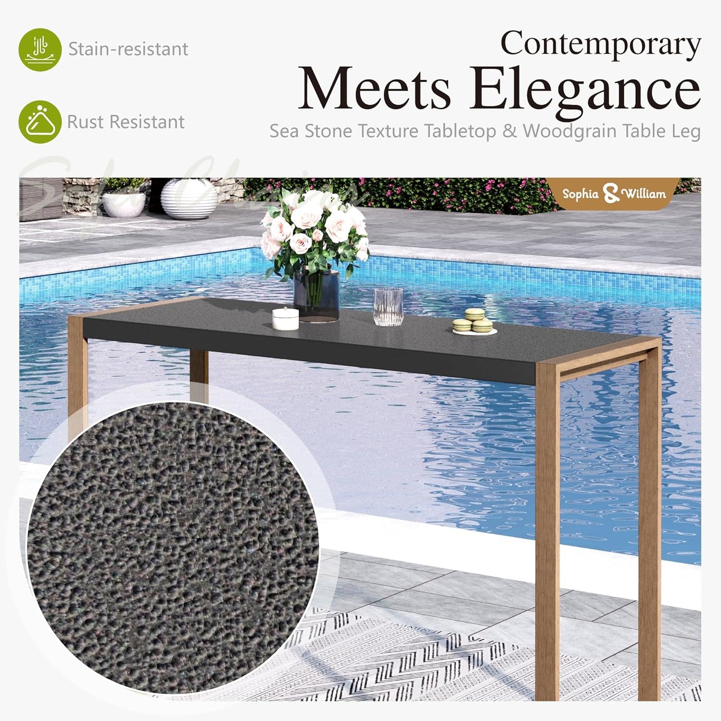 Sophia & William Bar Table,Bar Height Pub Table Counter Height Bar Table,Larimar Tabletop and Natural Woodgrain Legs,Black