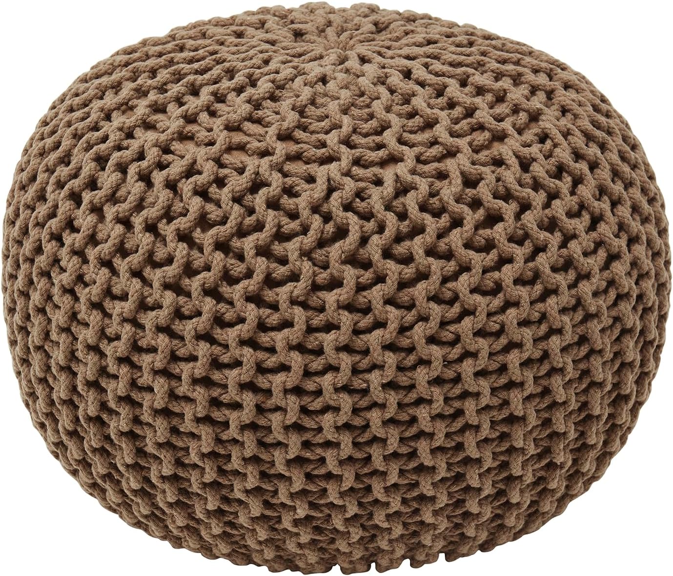 Ornavo Home Pouf Ottoman Foot Rest - 100% Cotton Pouffe - Hand Knitted Cable Braid Cord - Boho Round Stuffed Ottoman for Living Room, Bedroom - Taupe/Brown