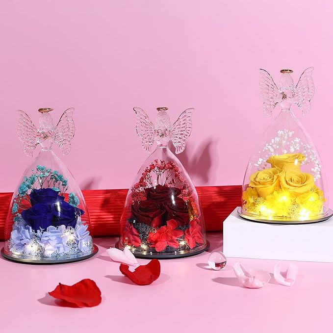 Mothers Day Rose Gifts for Women Preserved Real Flower in Glass Angel Figurines Roses for Delivery Prime Birthday Gifts for Mom Grandma Girlfriend Wife Her, Yellow