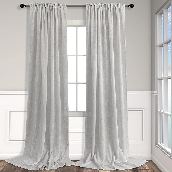 Long Grey Curtains 108 Inches for Living Room Set of 2 Panels Rod Pocket Back Tab Drapes Light Filtering Thick Sheer Linen Semi Privacy Dove Gray Curtains for Mens Office Bedroom Patio Door 9 FT Tall
