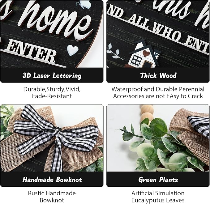 3D Bless This Home and All Who Enter Wooden Front Door Signs，Door Decorations Hanging,Christian Jesus Home Porch Wall Decor，Spring Wreaths，Door Wreaths for Front Door Outside All Season(Black)