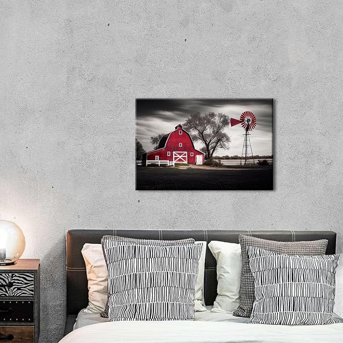 Farmhouse Windmill Wall Decor Red Barn Wall Art Bedroom Vintage Country Landscape Canvas Pictures for Living Room Farm Black White Old House Poster Nature Artwork Kitchen Office Home Decorations 12x16"