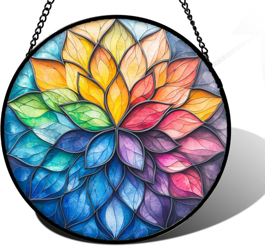 Stained Glass Window Hanging, Colorful Flower Petals Sun Catchers Diamond Glass Panel Hangings Suncatcher Decor for Birthday for Women, Men, Wife, Aunt, and Mom 9.8 in