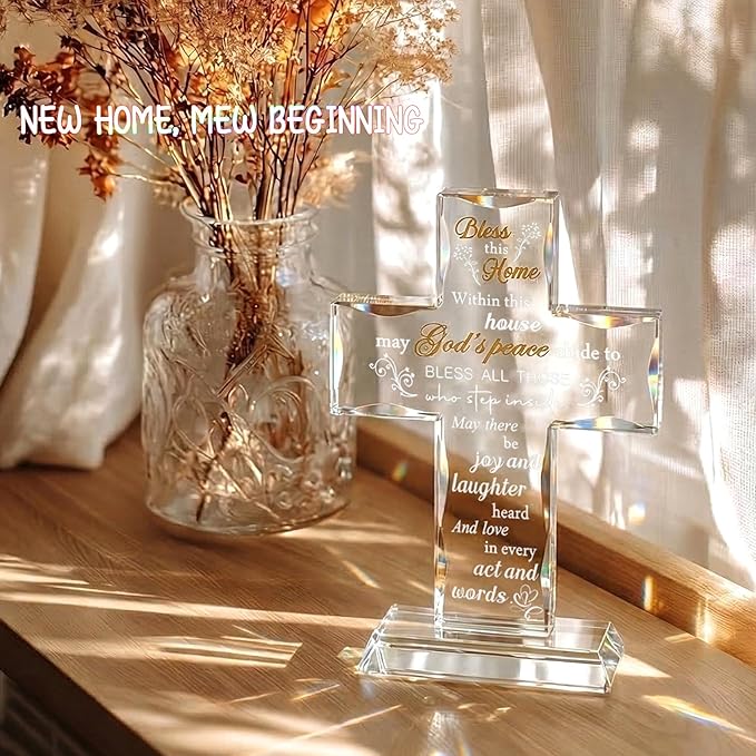 Ornalrist Housewarming Gifts New Home Glass Stand Cross Religious Keepsake, House Warming Gift for Couples, Women, Men - Christian Families Decor