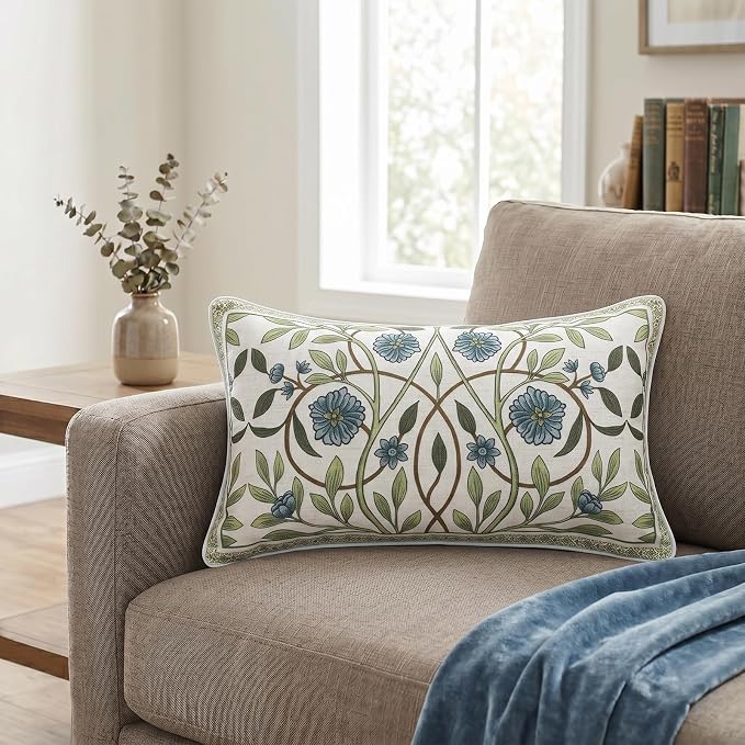 ISAENNE Designer Vintage Linen Throw Pillow Cover,20"x12"-Mosella A | French Elegant Rectangle Decor Pillow Cover,Concealed Zipper Design,Floral Pattern,Sofa,Bedroom,Living Room,Lounge Chairs
