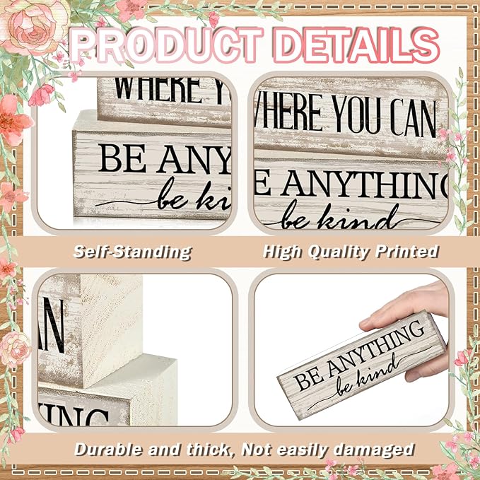 Yuntau 4 Pcs Farmhouse Flower Wooden Tabletop Decor Farmhouse Tiered Tray Decor Rustic Faux Decorative Wood Block Sign Inspired Gift Centerpiece Table sign for Home Shelf Supplies