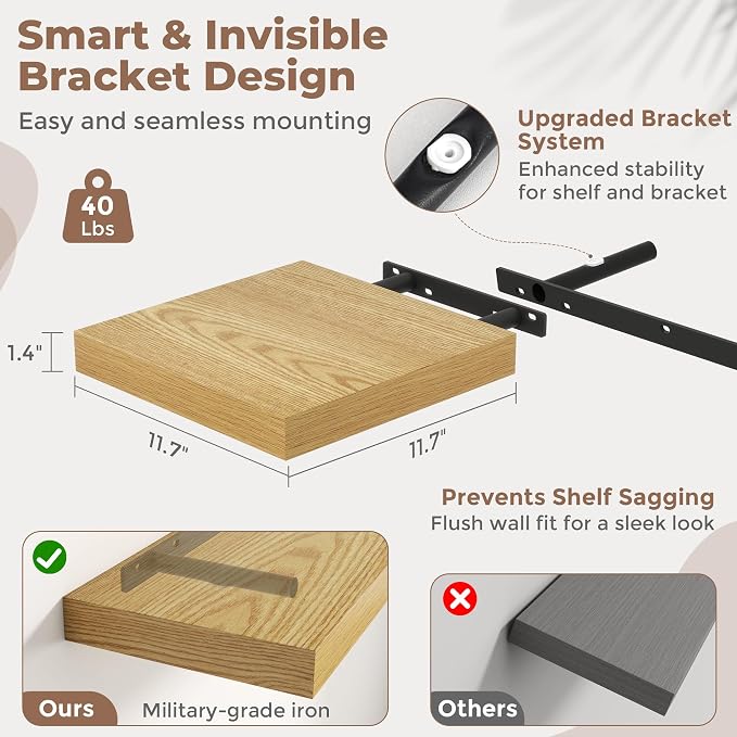 12 Inch Floating Shelves for Wall with Invisible Brackets Set of 3, 12"D Engineered Wood Wall Shelves with Wood Grain for Living Room, Bedroom, Bathroom, Kitchen Decor and Storage, Oak Finish