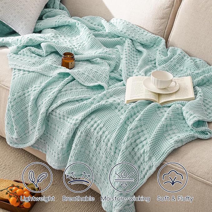 PHF 100% Cotton Waffle Blanket Queen Size for Bed, Lightweight Breathable and Soft for Summer, Luxury Aesthetic Waffle Weave Blanket for Home Decor & Gifts for Women, 90"x90", Mint