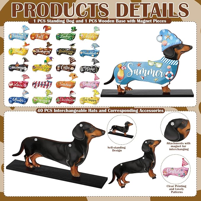 42 Pcs Interchangeable Summer Dachshund Holiday Wiener Dog Decor Seasonal Welcome Sign Tier Tray Decoration Ornament Farmhouse Wood Home Office Desk Accessories for Women Pet Lover Gift
