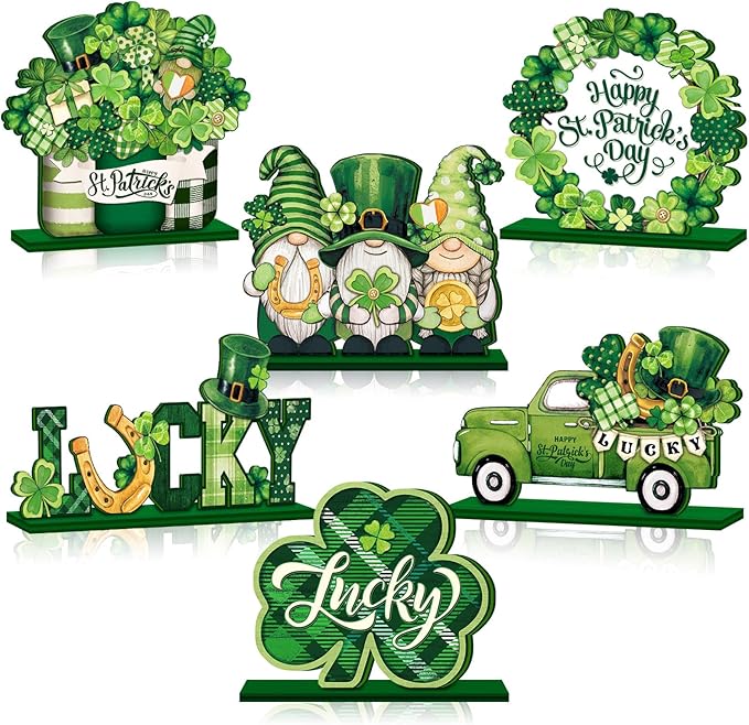 Cinnvoice 6 Pcs Shamrock Table Decorations Wooden Table Centerpieces Rustic Wood Tabletop Sign Decorations for Home Kitchen Office Farmhouse Desk Shelves Party Tiered Tray Decor
