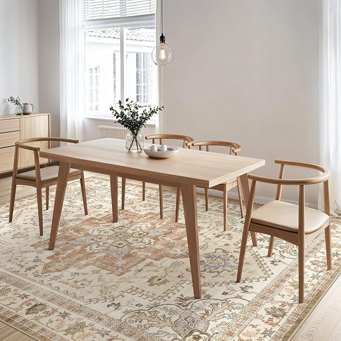 Tortania Area Rug Living Room Rugs - 6x9 Washable Boho Rug Vintage Oriental Distressed Farmhouse Large Thin Indoor Carpet for Living Room Bedroom Under Dining Table Home Office - Rust/Cream