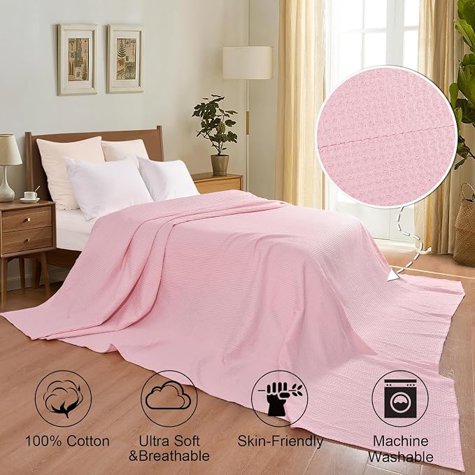 PHF 100% Cotton Waffle Weave Family Blanket Oversized King 120"*120", Pre-Washed Lightweight Breathable for Spring Summer, Machine Washable,10'x 10' Huge Extra Large Big, Home Decoration Gift - Pink