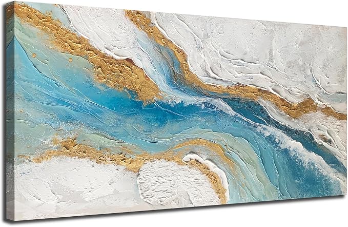 Arjun Abstract Wall Art for Living Room Blue Minimalism White Gold Canvas Painting Bedroom, Modern Picture Prints with Textured Artwork Framed Hallway Kitchen Home Office Decor 40“x20”