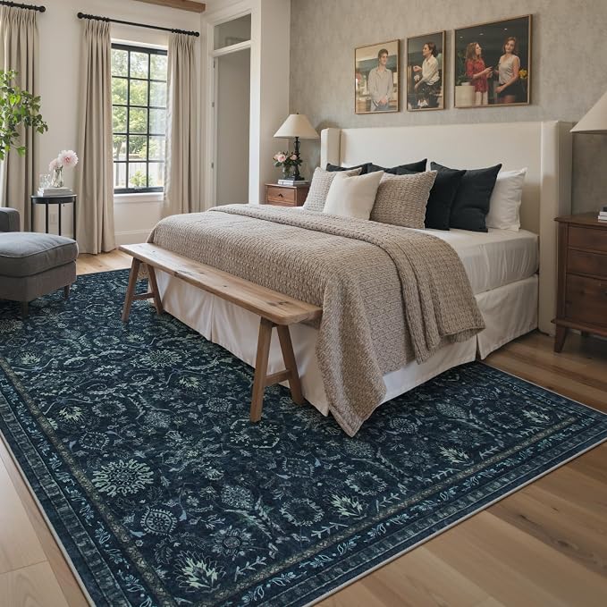 Lahome Navy Blue 8x10 Washable Area Rugs, Dark Blue Living Dining Room Rug | Dark Vintage Thin Stain Resistant Carpets for Bedroom Dorm Home Office