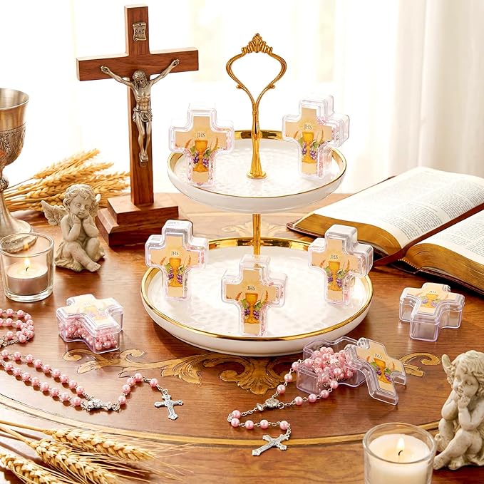 Cunno 12 Set First Holy Communion Bead Rosary Cross Necklace for Baptism First Communion Gifts Scented with Cross Shape Box for Guest Catholic Religious Rosary Baptism Party Primera Comunión (Pink)
