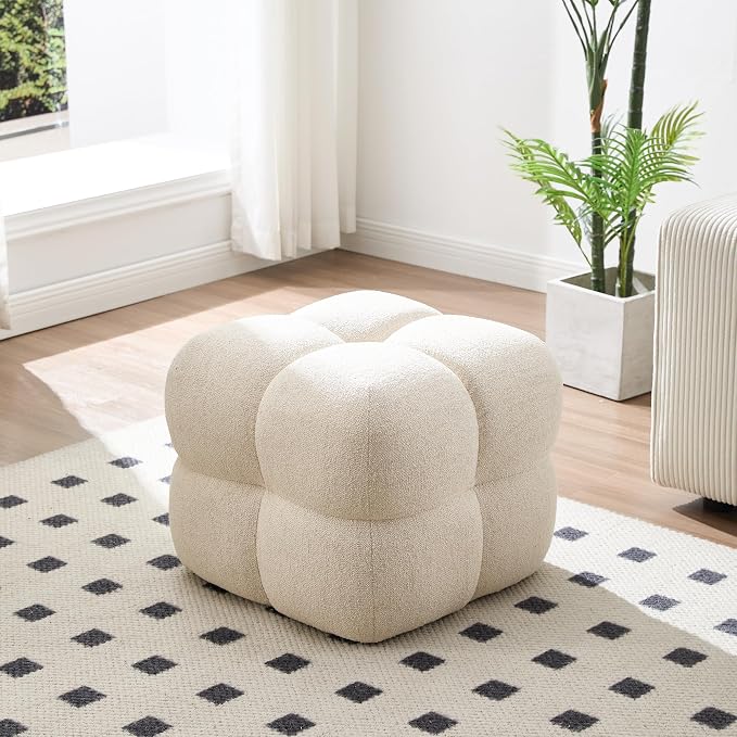 Zesthouse Square Pouf Ottoman, Modern Vanity Chair Backless for Bedroom, Beige Linen Stool Seat Foot Rest, Upholstered Poofy Footstool for Couch, Fabric Ottoman Coffee Table for Living Room