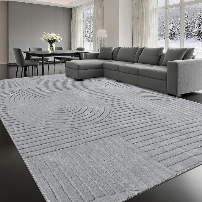Grey Solid Area Rug 8x10 – Large Washable Soft Indoor Rugs for Living Room Bedroom, Modern Geometric Bohemian Pattern High-Low Pile Textured Carpet for House Apartment, Home Office Decor