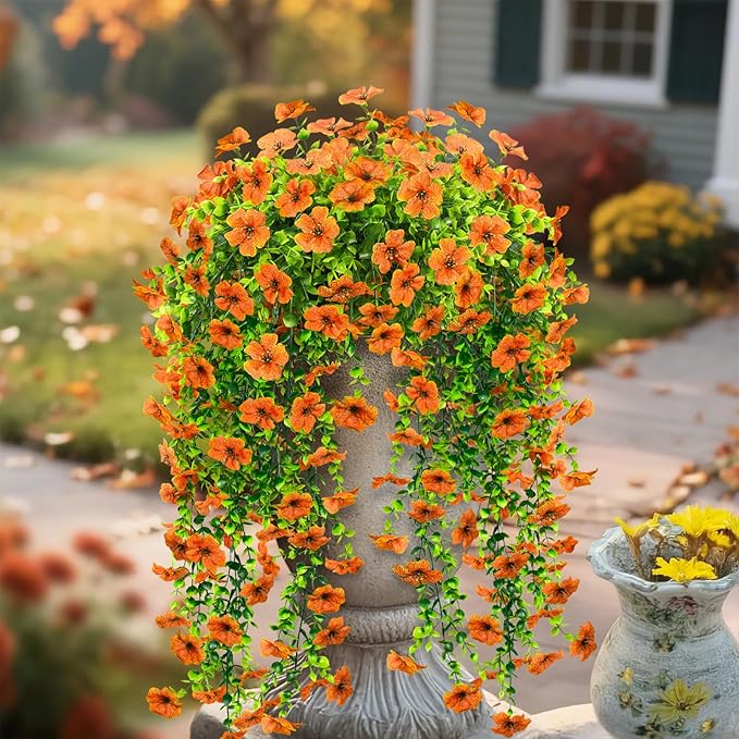 LikSoor 4 Pcs Artificial Outdoor Hanging Plants Fall Decoration UV Resistant Faux Silk Flowers for Outside, Garden, Porch, Window, Home Decor(Orange)
