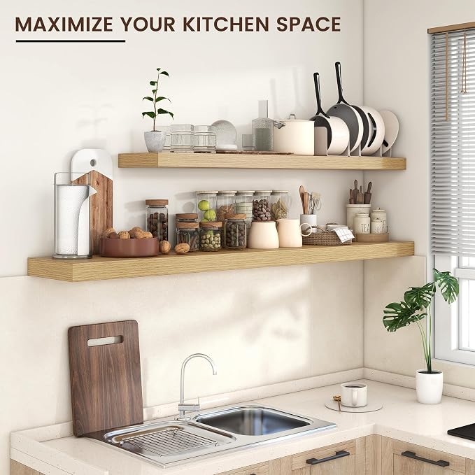 72" Wide x 12" Deep Floating Shelves for Wall, Oak Finish, 1-Pack | Engineered Wood Wall Shelves with Invisible Brackets for Living Room, Bedroom, Bathroom, Office & Kitchen Storage