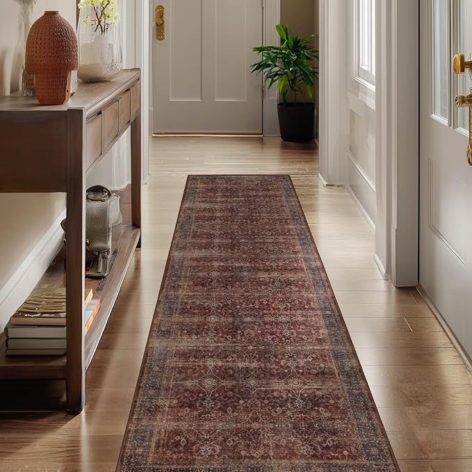 Brick Red 2x7 Hallway Runner Rug Non Slip, Vintage Farmhouse Dark Entryway Rugs for Inside House Mudroom, Ultra Thin Print Kitchen Runners Non Skid Washable, Carpet Runner for Bathroom Bedroom