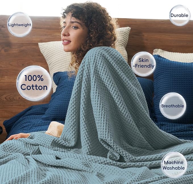 PHF Pre-Washed 100% Cotton Waffle Weave Blanket Queen Size for Bed,Snag Proof Throw Blanket for Couch Spring Summer Lightweight Breathable,Machine Washable, Home Decor Gift - Ocean