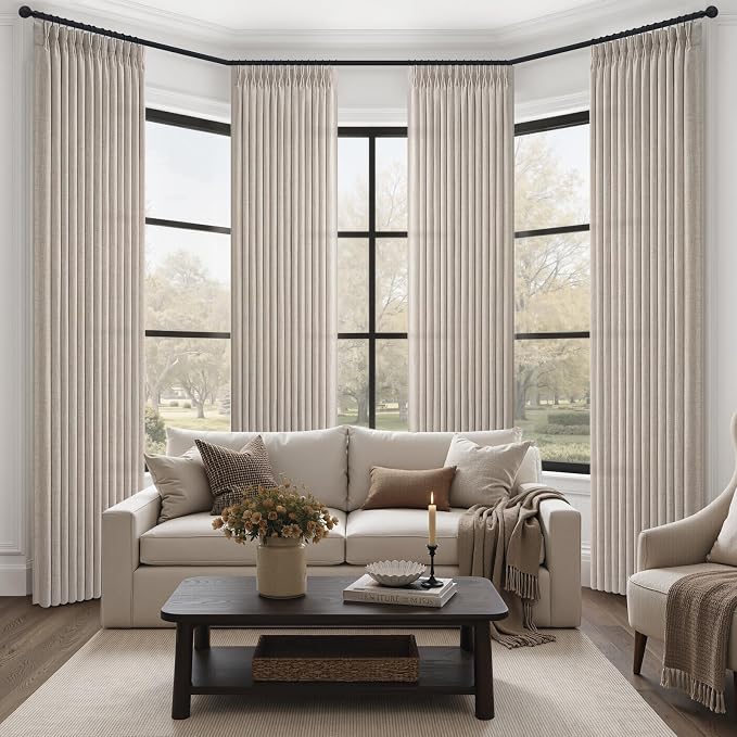 Semi Sheer Greyish Brown 102 Inch Long Curtains for Living Room 4 Panels Set, Memory Shape Pinch Pleated Light Filtering Thick Linen Textured Curtain Bedroom Floor to Ceiling Window Drapes 40"Wx102"L