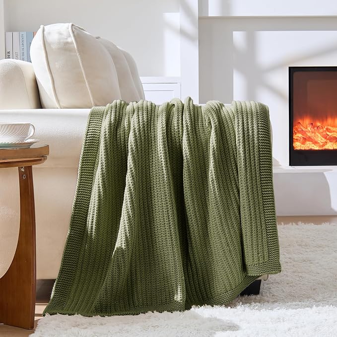 Chunky Knit Olive Green Throw Blanket for Couch 60"x80",Soft Cozy Lightweight Knitted Blanket for Couch Sofa Bed,Fisherman Cable Knit Cute Decorative Spring Throw for Living Room