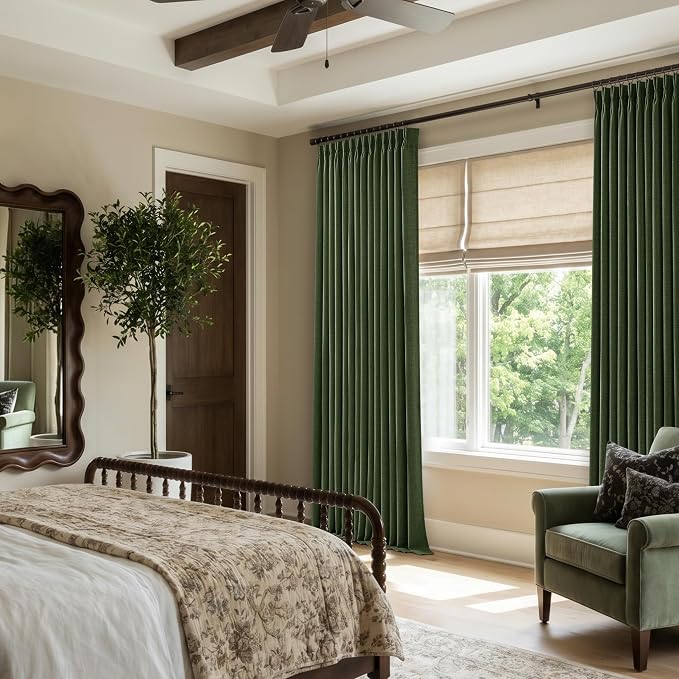 Olive Green Thick Linen Curtains 96 Inches Long Memory Training Light Filtering Pinch Pleat Curtains with Hooks Rings Back Tab Loden Boho Country Pleated Drapes for Living Room Sliding Door 2 Panels