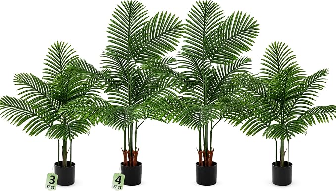Jexine 4 Pack Artificial Palm Trees 3Ft 4Ft, Fake Plants Fake Trees Artificial Areca Palm Plants for Outdoor Indoor Faux Tree in Pot for Pool Home Office Housewarming Gift Modern Decoration