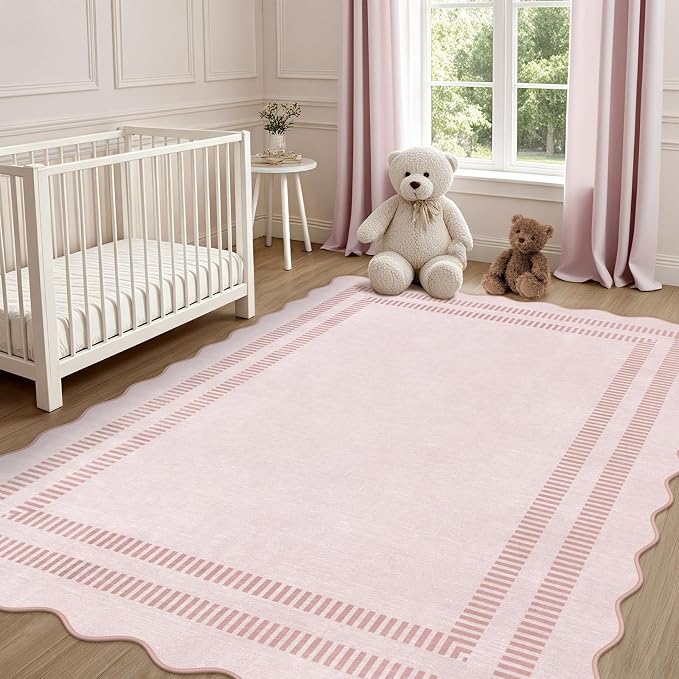 Pink Rugs for Bedroom Girls, 5x7 Washable Non Slip Area Rugs for Living Room, Soft Vintage Ultra-Thin Scalloped Carpet for Nursery Dorm Home Decor