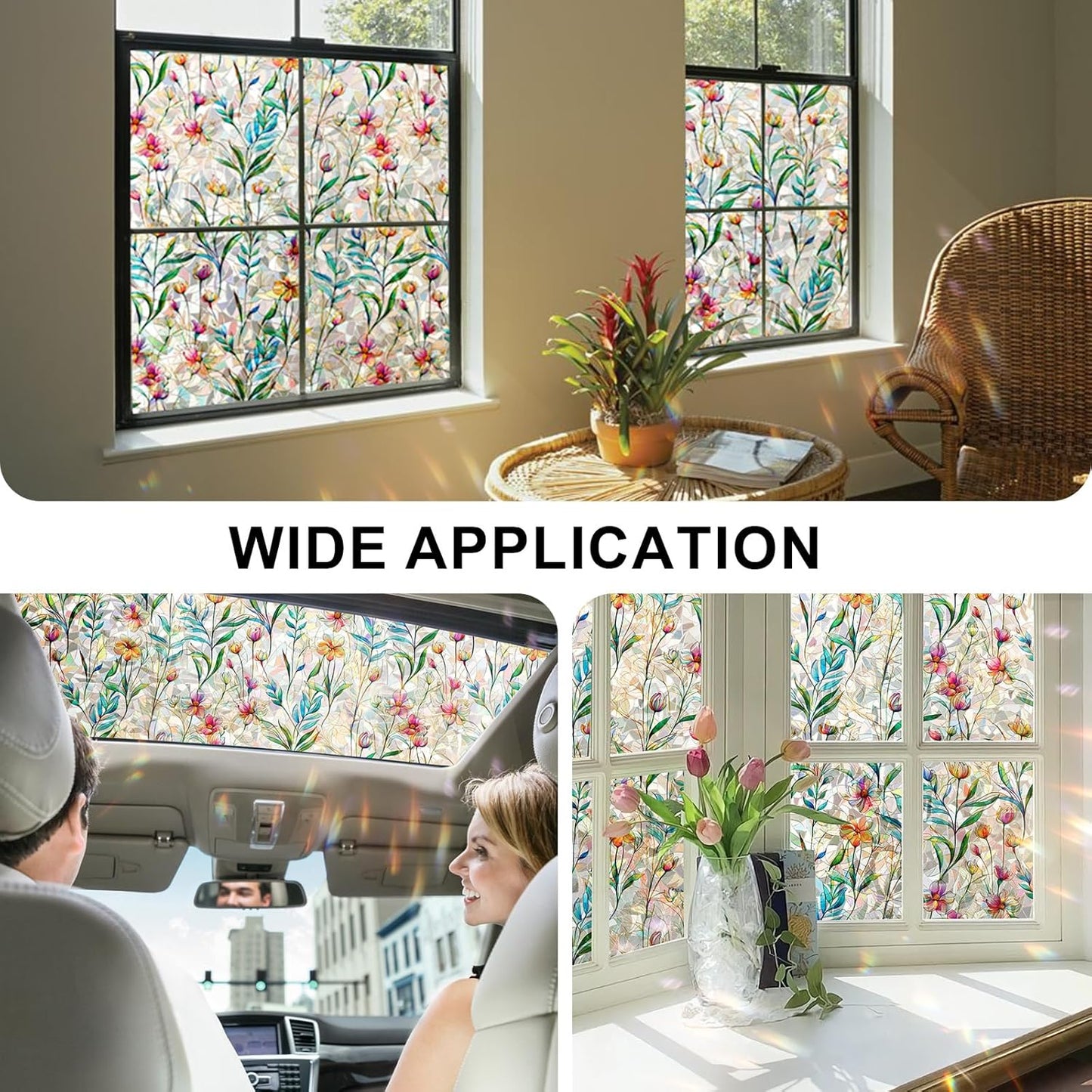 Rainbow Window Privacy Film 3D Floral Decorative Stained Glass Window Film Anti UV Non-Adhesive Reusable 17.5" x 78.7" for Home Room Car Glass Cling