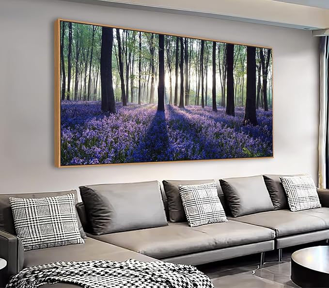 yearainn Framed Lavender Forest Wall Art – Purple Lavender Field with Sunlight through Trees Canvas Picture, Nature Landscape Painting Artwork for Home Wall Decor, Natural Wood Frame, 20" x 40"