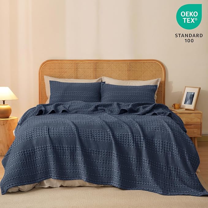 PHF 100% Cotton Waffle Blanket Twin Size for College Dorm, Lightweight Breathable and Soft for Summer, Luxury Aesthetic Waffle Weave Blanket for Bed & Gifts for Women, 66"x90", Indigo