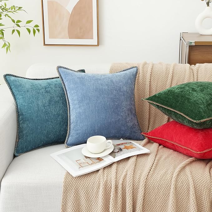 decorUhome Chenille Soft Cozy Throw Pillow Covers 12x20 Set of 2, Modern Farmhouse Boho Velvet Decorative Pillow Cases with Stitched Edge for Couch Sofa Bed Home Decor, Blue