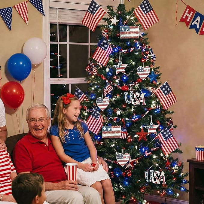 Junkin 24 Pcs 4th of July Wooden Ornaments Vintage Patriotic Tree Decorations Rustic Stars Hearts Flags USA Red White Blue Hanging Ornaments for 250th Anniversary Memorial Independence Day Party Decor
