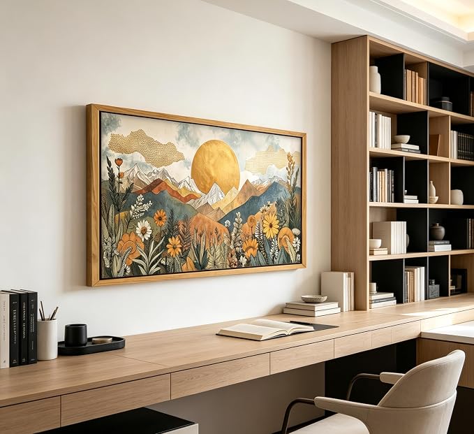 Vintage Framed Large Abstract Mountain Wall Art,Horizontal Boho Nature Landscape Canvas Print,Daisy Sun and Flowers Picture Poster,Japanese Orange Painting Artwork for Bedroom Living Room Office