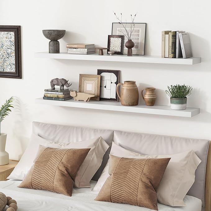 fuqing White Floating Shelves 48 Inch Set of 2, Solid Wood Wall Mounted Shelves 48 Inches Long, Modern Floating Shelves for Bedroom Living Room Bathroom - White