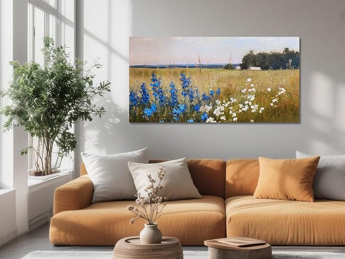 Ardemy Textured Vintage Countryside Canvas Wall Art - 48"x24" Large Framed Flower Field Painting, Serene Blue & White Wildflower Landscape Artwork for Living Room Bedroom Home Office Dining Room Decor