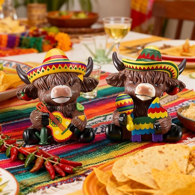 Karenhi 2 Pcs Cinco de Mayo Highland Cow Figurines, Mexican Resin Cow Gnomes Sombrero Guitar Maracas Scottish Statue Calf Lovers Gifts for Fiesta Home Garden Kitchen Office Tiered Tray Table Decor