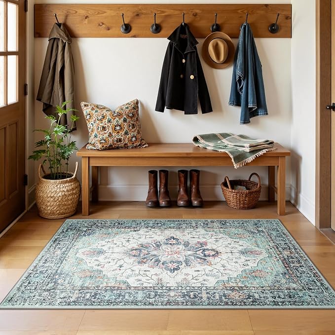 RELEANY Area Rugs 3'x5' Washable Non-Slip, Floral Vintage Distress Print Pattern Medallion Carpet for Living Room Bedroom Dining Room, Green Navy Blue White Red Teal Colorful
