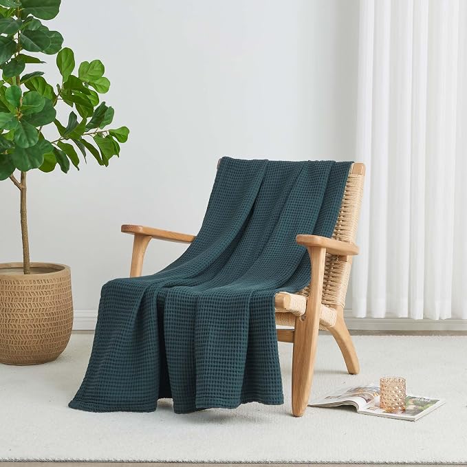 100% Cotton Blue Blanket Full/Queen Size for Bed - Breathable and Soft, Waffle Weave for Summer Spring, 90x90 Inches (Peacock)