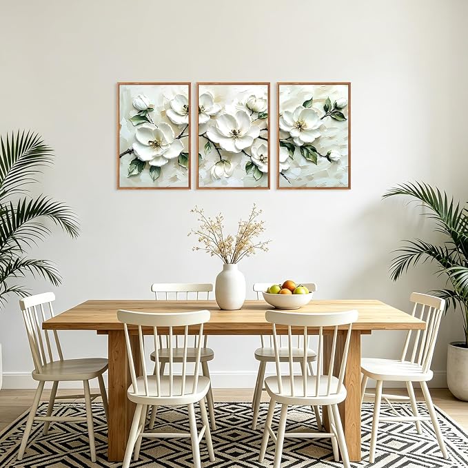 CHDITB 3D Impasto Textured White Magnolia Floral Relief Framed Canvas Wall Art Set, Neutral Beige Minimalist Wall Decor, Modern Texture Art Prints for Living Room Hallway Bedroom Home Decor 16"x24"x3