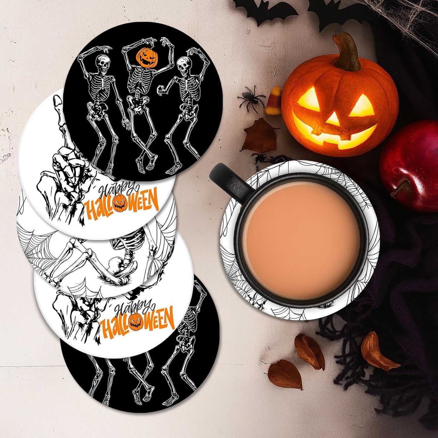 Coaster for Drinks Set of 6, Happy Fall Absorbent Round Ceramic Stone Mat, with Cork Base and Metal Holder