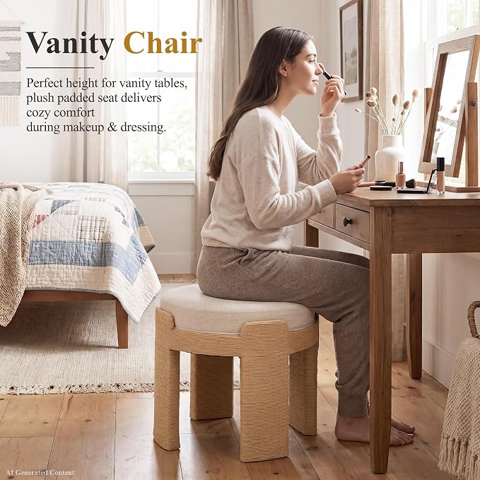 Round Ottoman Set of 2, Boho Hand-Woven Rope Upholstered Ktichen Vanity Chairs Accent Stool Fully Assembled for Bedroom Living Room, Beige Linen