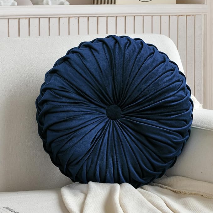 Teieas 2 Pcs Round Throw Pillows Decorative Pumpkin Velvet Boho Pleated Bed Pillows Back Support for Couch Chair Dorm Car 14.96'' (Navy Blue)