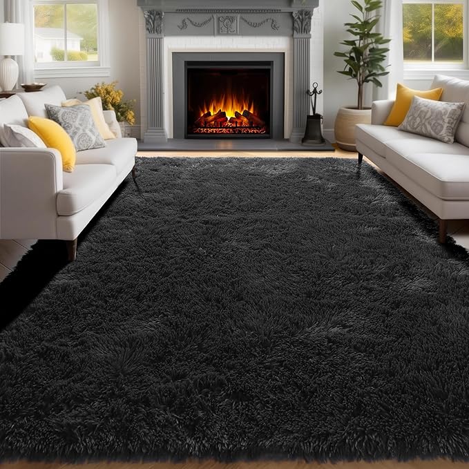 PAGISOFE 6x9 Ft Fluffy Bedroom Rugs, Black Modern Living Room Area Rug, Fuzzy Shaggy Carpet, Indoor Plush Nursery Rugs for Kids Room, Furry Floor Rug for Boys Room, Carpet for Teen Dorm Room Decor