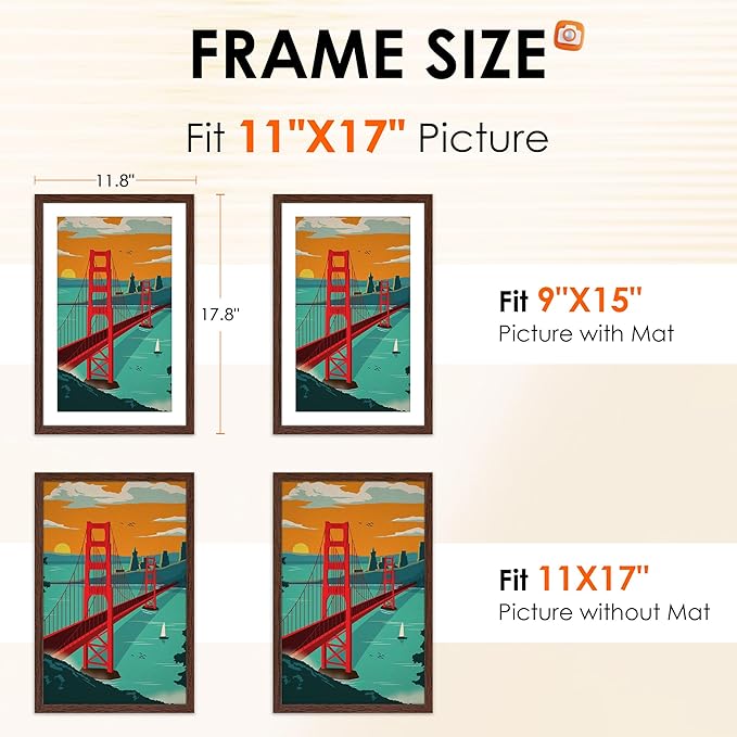 FIXSMITH 11x17 Picture Frame Brown Set of 2, Photo Frame with HD Plexiglass, Display Pictures 9x15 with Mat or 11x17 Without Mat, Brown Picture Frames Collage Wall Decor, Gallary Wall Frame