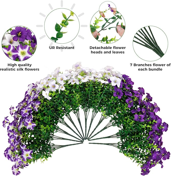 20 Bundles Artificial Petunias Flowers for Outdoors, Faux Silk Flowers UV Resistant Realistic Fake Plants for Outside Planters Porch Patio Yard Garden Spring Summer Home Decor, Purple White