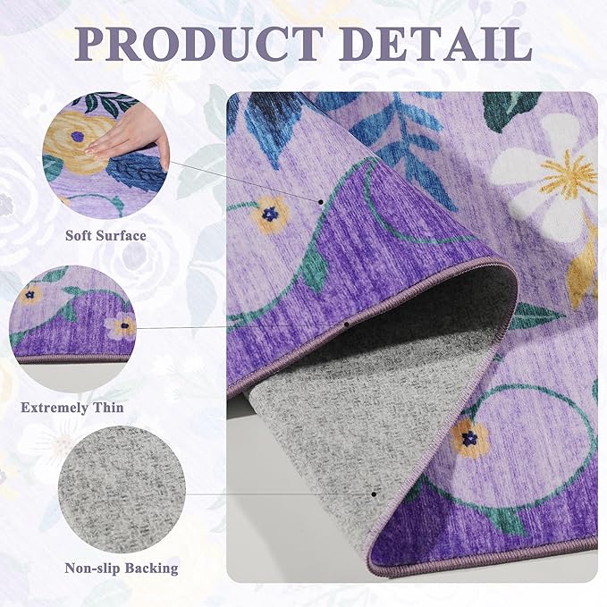 DUKINO 5x7 Area Rug, Floral Rugs for Living Room, Lightweight Non Slip Washable Rug, Indoor Low Pile & Non-Shedding Boho Design Rugs for Bedroom, Playroom, Dining Room, Purple